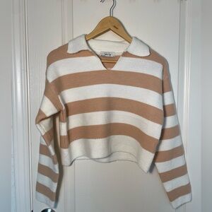Sadie & Sage Tan and White Striped V-Neck Sweater